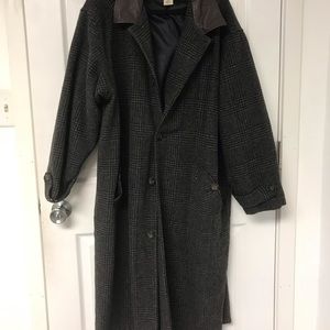 Eddie Bauer Wool Long Trench Coat Brown Striped Flannel
